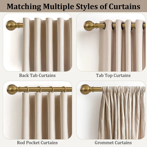 Brass Finish Curtain Rod Set In Warm Gold Tone, Heavy Duty Adjustable 72 To 144 Inch, shown with various curtain styles.