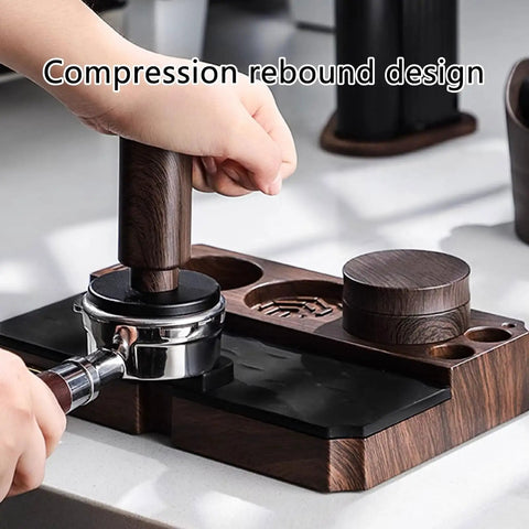 The Legit Non Slip Portafilter Rack And Coffee Distributor Holder Tamper Stand Tool Organizer Tamping Station For Home Barista Espresso Brewing Tools Badass Setup with wooden handle in use.