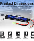 Go-To Airsoft LiPo Battery 7.4V 1500mAh 35C High Discharge Mini Tamiya Plug Rechargeable Pack with USB Charger dimensions