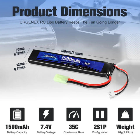 Go-To Airsoft LiPo Battery 7.4V 1500mAh 35C High Discharge Mini Tamiya Plug Rechargeable Pack with USB Charger dimensions
