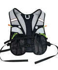 Back view of hydration vest for outdoor adventures with easy access water bladder system reflective front chest pocket and multiple storage pockets