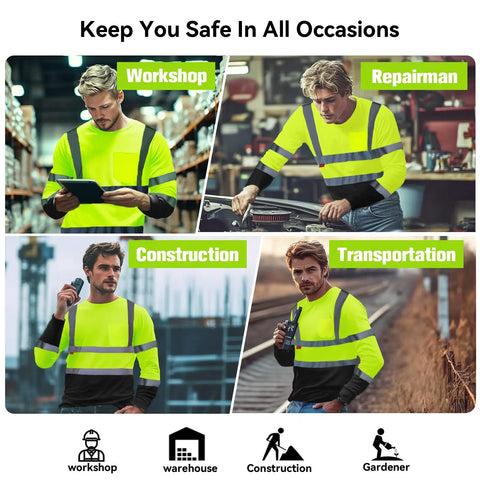 3 Pack Men's High Visibility Long Sleeve Reflective Safety T Shirts For Work Warehouse Construction ANSI ISEA 107 Type R Class 2 Green Large Size in various work settings