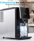 Slick Countertop Nugget Ice Maker With Self Dispensing Tray producing chewable ice into a glass, perfect for home bars.