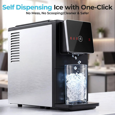 Slick Countertop Nugget Ice Maker With Self Dispensing Tray producing chewable ice into a glass, perfect for home bars.