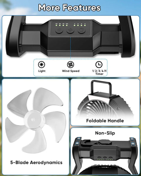 Portable Rechargeable Camping Fan With 20000mAh Battery controls showing light, wind speed, and 4-hour timer features.