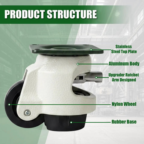 Heavy Duty Leveling Casters Set Of 4 With Ratchet Handle Industrial Casters For Workbench Support 3300 Pounds Load showing stainless steel top plate and nylon wheel.
