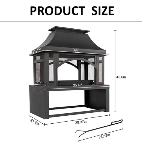39 Inch Fire Pit With Wood Storage For Outside Large Wood Burning Outdoor Fireplace With Chimney Mesh Spark Screen And Fire Poker measurements