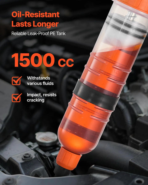 Straight Up No Drip Manual Fluid Extractor With A Legit 1500Cc Tank, oil-resistant PE tank for smooth fluid extraction.