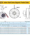 Illustration and specifications of ZX Hollow Shaft Series Magnetic Powder Brake, featuring a circular design with DC24V rated voltage.