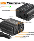 Road Trip Ready 200W Car Power Inverter 12V To 110V AC With 65W PD Type C And 28W QC Fast Charging Ports For Phones Laptops Zero Noise Vehicle Converter Adapter, features dual AC outlets and cooling fan.
