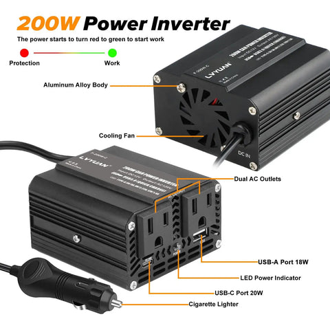 Road Trip Ready 200W Car Power Inverter 12V To 110V AC With 65W PD Type C And 28W QC Fast Charging Ports For Phones Laptops Zero Noise Vehicle Converter Adapter, features dual AC outlets and cooling fan.