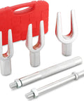Five Piece Ball Joint Separator Tool Set With Interchangeable Forks For Quick Removal Of Ball Joints Tie Rods And Pitman Arms On Cars And Light Trucks Garage Grade Heavy Duty Work With High Carbon Steel Construction in red case