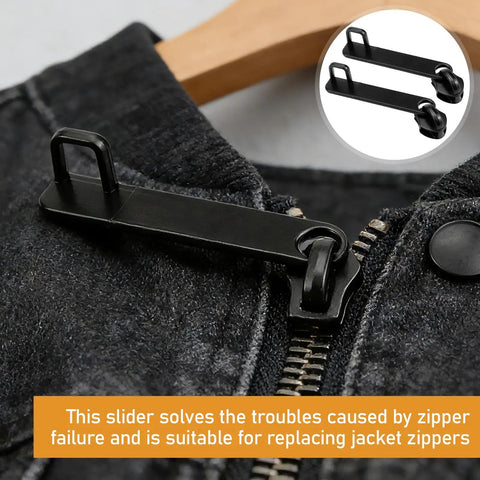Universal Zipper Slider Replacement Kit For Luggage And Gear Ten Piece Set With Double Layer Pull Tabs on black jacket.
