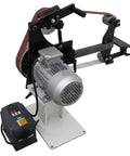 Heavy Duty 71 Inch Variable Speed Belt Sander Grinder That Slays Rough Stock Saves You Hours With Three Quick Swap Wheels For Knife Sharpening And Surface Polish Fits Vertical Or Horizontal Rig, close-up view of motor and belt.
