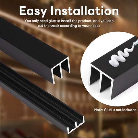 Close-up of Metal Sliding Door Track Kit For 1/4-Inch Glass Panels, 48-Inch Black Track System showing easy installation with glue