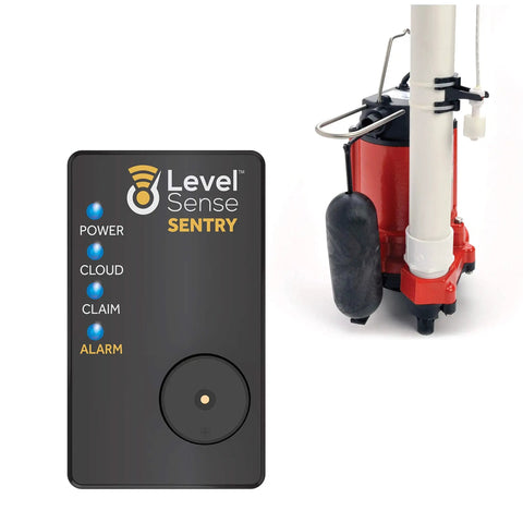 WiFi Connected Sump Pump Alarm With Float Switch, Real Time Water Level Alerts, Power Loss Notifications, black device and pump