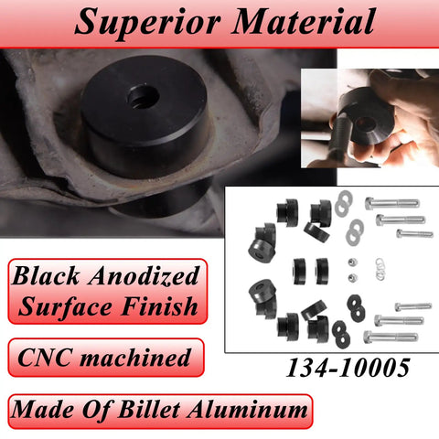 CNC Billet Aluminum Body Mount Bushings Kit For Camaro Nova Chevy II 1968 1981, black anodized finish, installation details