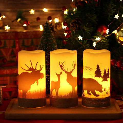 Flameless Flickering LED Pillar Candles With Hemp Rope And 6 Hour Timer Battery Operated Set Of 3 Real Wax Rustic Candles With Deer Moose Bear Decals For Cozy Christmas Home Decor Vibes