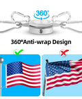 Heavy Duty Flag Pole Rings For One Inch Poles With 360 Degree Swivel Clips and Foolproof Anti Wrap Design showcasing clips and flag examples.