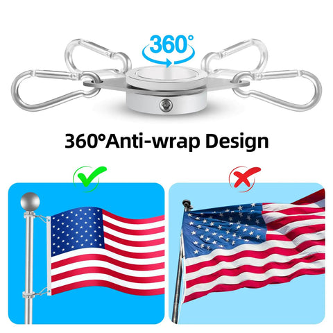 Heavy Duty Flag Pole Rings For One Inch Poles With 360 Degree Swivel Clips and Foolproof Anti Wrap Design showcasing clips and flag examples.