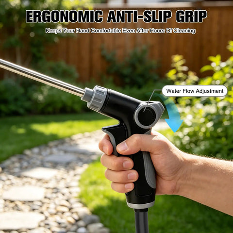 Close-up of hand holding garden hose nozzle with ergonomic grip and water flow adjustment, showing Transform Your Hose Into A High Pressure Water Jet With This Heavy Duty Garden Hose Nozzle, Multi Function Lawn And Garden Sprayer With 360 Degree Adjustable Spray, Three Modes And Foam Pot For Cleaning Yard Cars Pets.