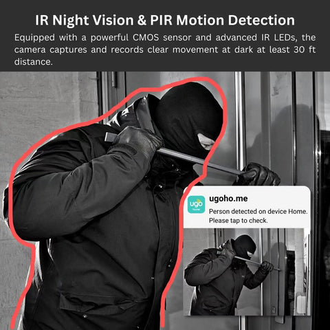 Indoor Security Camera For Home 360 Degree 1080P WiFi captures intruder at night with motion detection and phone app alert.