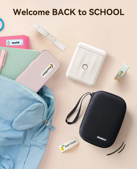 D110 Bluetooth Label Maker With Thermal Printer shown with labeled school supplies and carrying case, ideal for home office use.
