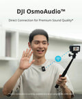 Person using DJI OsmoAudio with Osmo Action 4 Waterproof Action Camera Bundle With 4K 120fps on selfie stick, smiling and waving.
