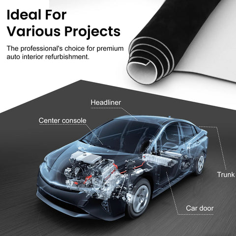 Rolled black suede headliner fabric with foam backing for auto interior repair (122x60 in)