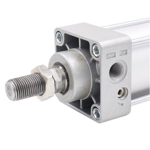 Close-up of an Industrial Pneumatic Tie Rod Cylinder with 50mm bore and 125mm stroke, PT 1/4 port, aluminum body for woodworking.
