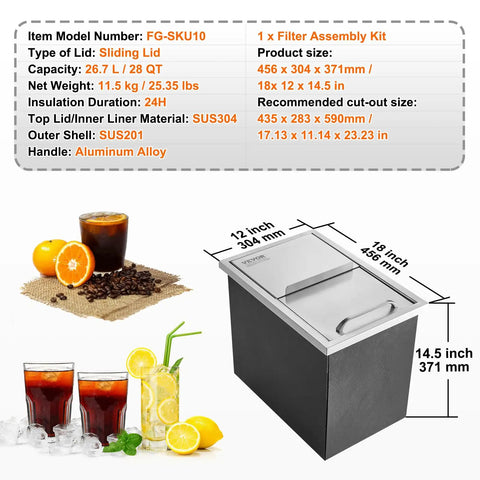 Drop-In Stainless Steel Ice Chest With Sliding Cover, 40.9 Qt Ice Bin For Outdoor Kitchen, dimensions and features displayed.