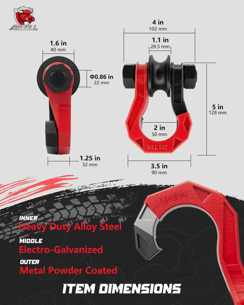 Heavy Duty D Ring Shackle Set With Snatch Block Pulley Two Pack Three Quarter Inch Shackles For Tow Winch And Off Road Recovery Pulley For Truck ATV UTV Beefy Black Red Finish Ready For Any Terrain, dimensioned red and black alloy steel shackle