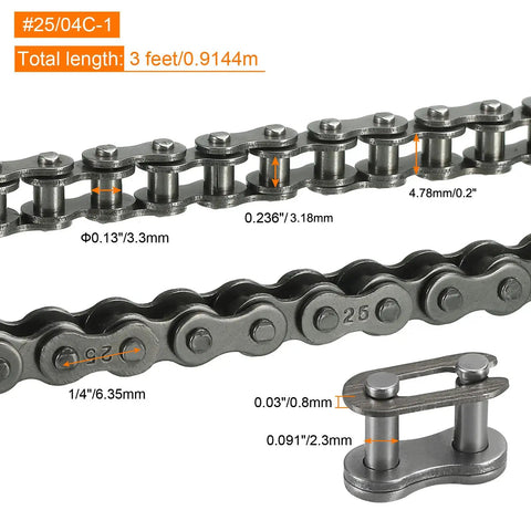 One Quarter Inch Pitch Roller Chain, Three Feet Long, 144 Links, Carbon Steel with Two Free Master Links, ideal for mini bikes