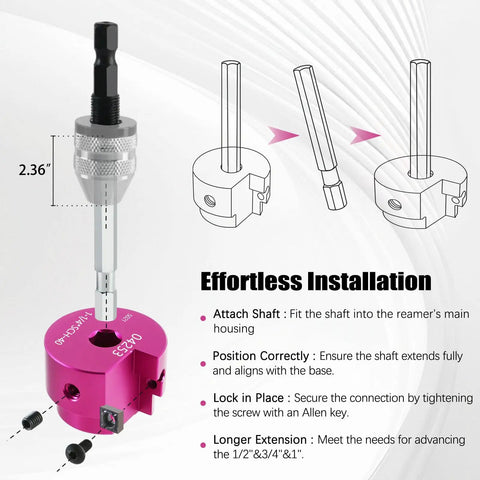 Installation steps for Eight Piece PVC Pipe Reamer Kit With Carbide Tips And Beefy Aluminum Body, showing shaft attachment
