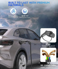 J1772 EV Extension Cable 21Ft 32A Charger Extension Cord plugged into car, showcasing weather-resistant features.