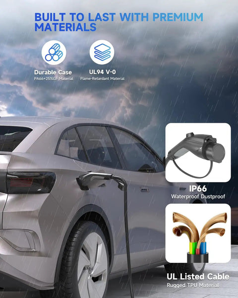 Heavy Duty J1772 Extension Cable 40Ft 50A Electric Vehicle Charging Cord connected to a car in the rain, showcasing durability features.