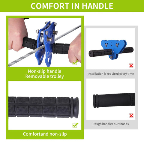 Backyard Zipline Kit for Kids and Adults, adjustable zip line handle grip with non-slip pulley and removable trolley features.