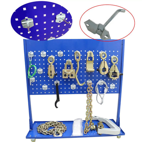 Car Frame Corrector And Straightener Puller, 10 Ton Hydraulic Frame Repair Tool with accessories displayed on blue pegboard