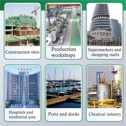 Various industrial environments including construction sites, production workshops, and shopping malls.