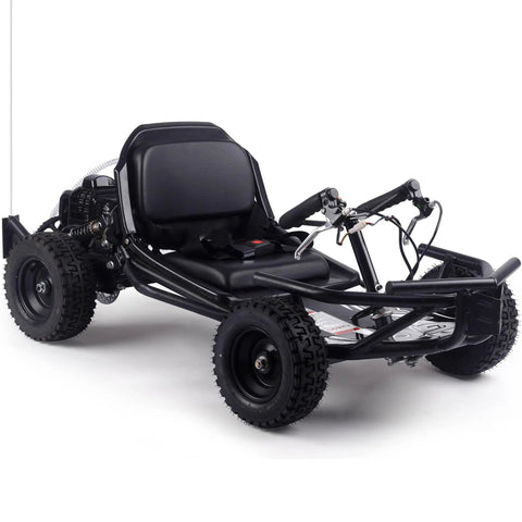 Sandman Go Kart 52cc Gas Powered with 32 MPH top speed, black finish, 9.5 inch pneumatic tires, angled front view