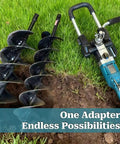 Seven Sixteenth Inch Hex Shank Auger Bit Adapter D For DDG460 shown with cordless auger on grass, illustrating usage versatility.