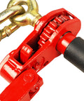 4 Pack Folding Handle Load Binder With 2 Grab Hooks For 5/16-3/8 Grade 70 Transport Chain Heavy Duty Industrial Grade Ratchet Tie Down 7,100 Lb Working Load Limit For Trailers And Trucks showing red ratchet and chain connection