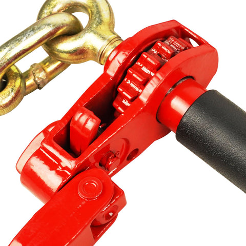 4 Pack Folding Handle Load Binder With 2 Grab Hooks For 5/16-3/8 Grade 70 Transport Chain Heavy Duty Industrial Grade Ratchet Tie Down 7,100 Lb Working Load Limit For Trailers And Trucks showing red ratchet and chain connection