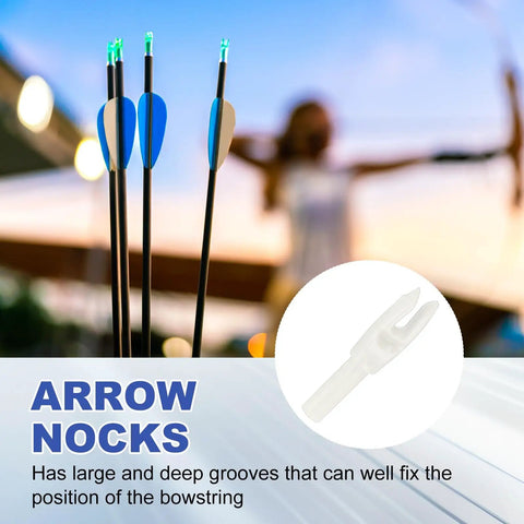Beefy 4.2mm Arrow Nocks 30 Pack White Insert Nocks Replacement shown next to bows in background, ideal for hunting and archery