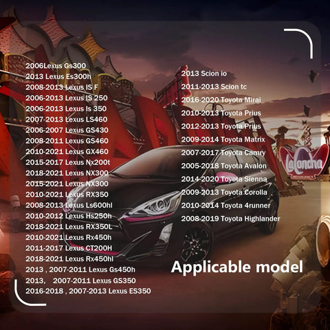 Image showing a list of applicable Toyota and Lexus models, with a car in the background and a focus on applicable years and models.