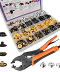 Heavy Duty Snap Button Kit 15mm Marine Grade Metal Snaps For Clothing Leather Boat Covers And Canvas Includes 100 Sets In Four Colors With Snap Tool And 3 Dies Plus All Caps Sockets Studs And Posts displayed with orange tool and accessories.