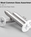 Self Tapping Wood Screws Set 120 Pieces No 8 White Flat Head Assortment for wood cabinets and furniture in various sizes.