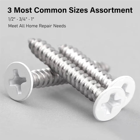 Self Tapping Wood Screws Set 120 Pieces No 8 White Flat Head Assortment for wood cabinets and furniture in various sizes.
