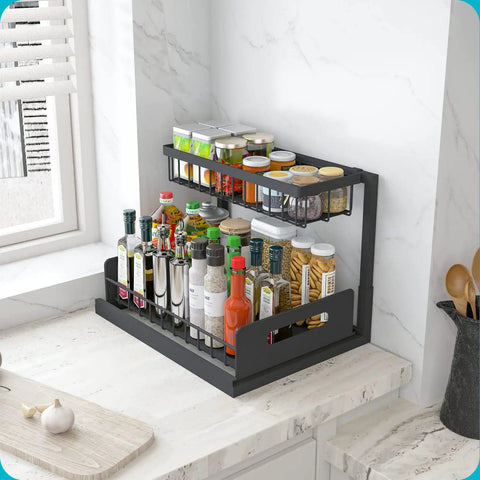 L Shaped Under Sink Organizer 2 Tier Pull Out Cabinet Drawer with Sliding Shelves Metal Under Sink Storage in kitchen