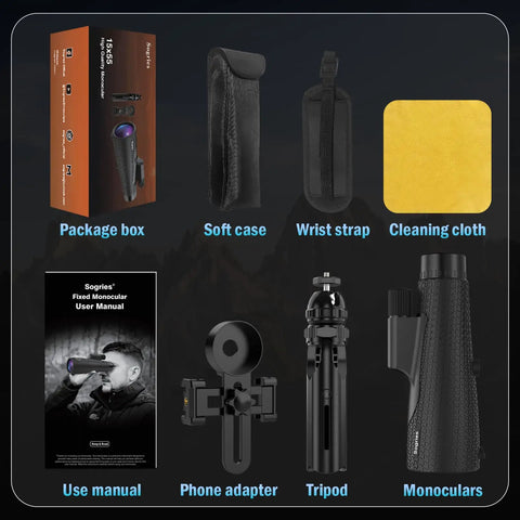 Clear 15x55 Monocular Telescope With Tripod And Phone Adapter For Adults, Crisp HD Long Range Birdwatching And Wildlife Observation, Compact Outdoor Spotting Scope For Travel And Nature Lovers. Package includes soft case, wrist strap, cleaning cloth, manual, phone adapter, tripod and monocular.